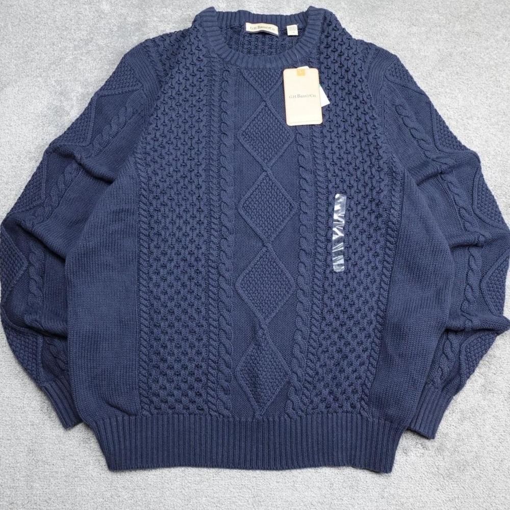 NEW G.H. Bass & Co Cable Knit Fisherman Blue Sweater Men's Large Crewneck